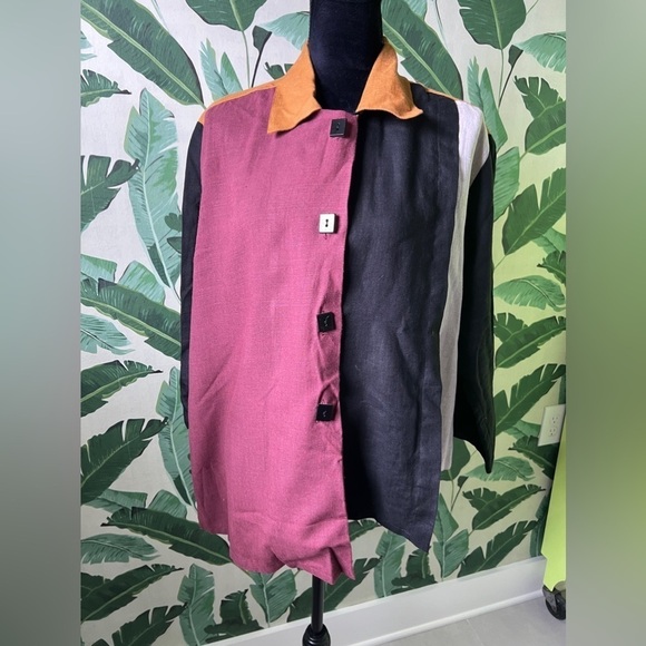 Vintage Carole Tomkims Women’s Linen Button Down Colorblock top L the big shirt - Picture 2 of 6